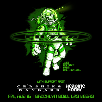 Glowing green skeletong wearing a spacesuit with black background and text