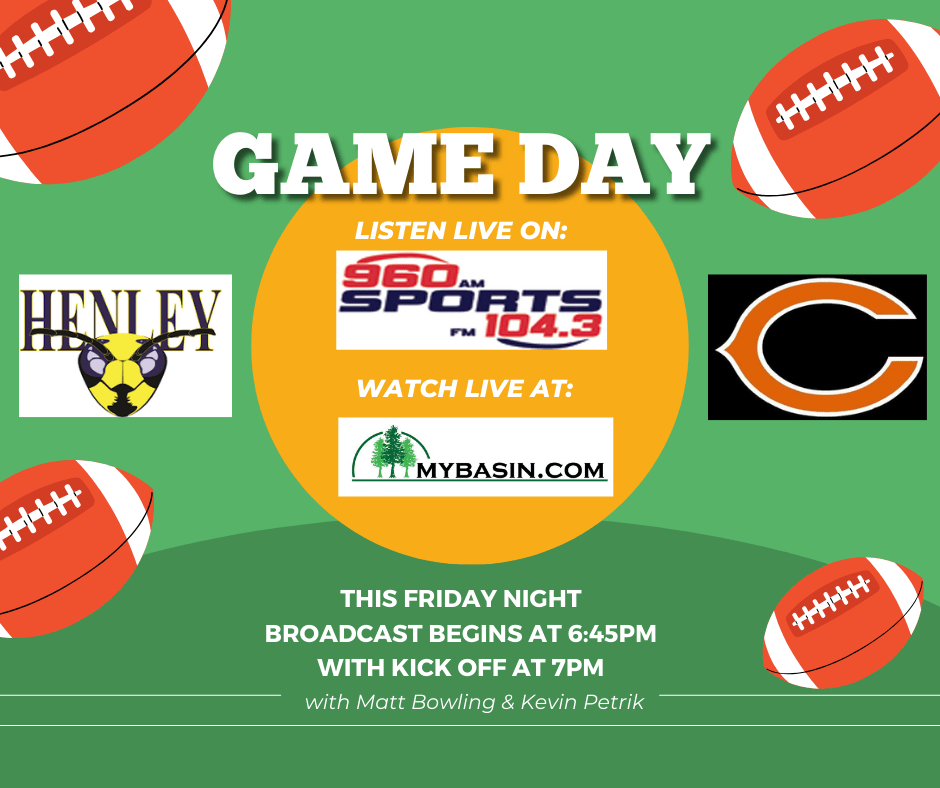 Game day: Henley Hornets football vs Crater. Listen live on 104.3 and 960 sports or watch live at mybasin.com