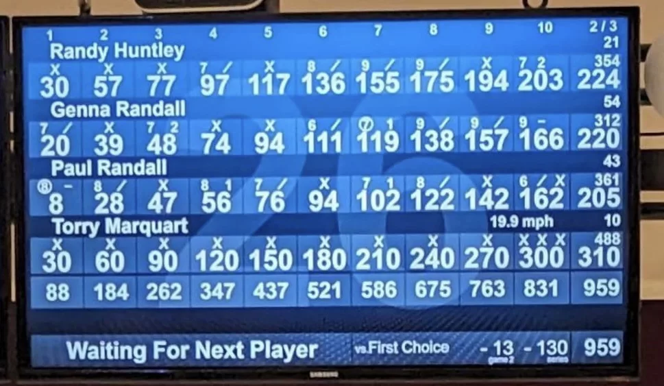 Bowling scoreboard at The Epicenter with Torry Marquart's perfect game at the bottom