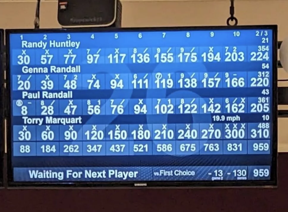 Bowling scoreboard at The Epicenter with Torry Marquart's perfect game at the bottom