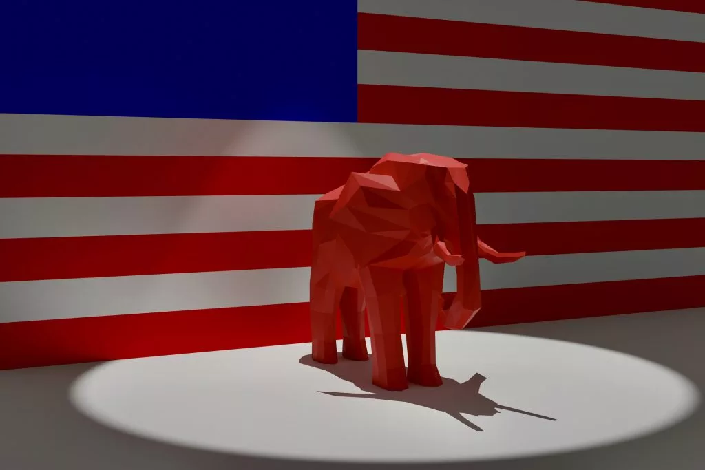 Republican-red-elephant-in-front-of-flag