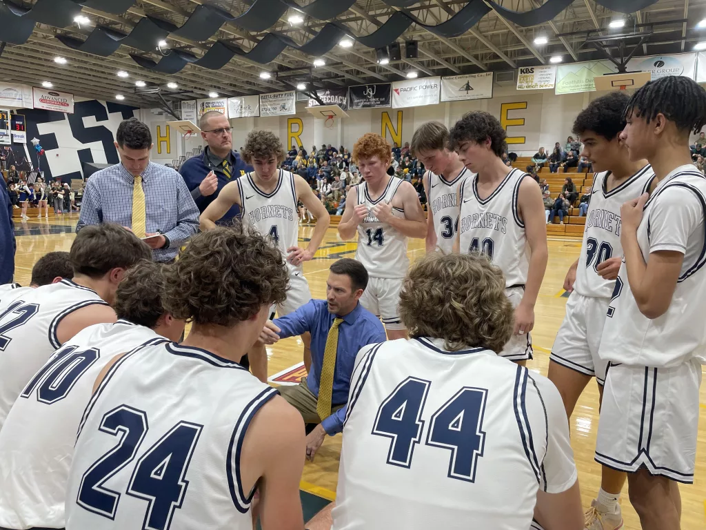 The Henley boys basketball team during a timeout