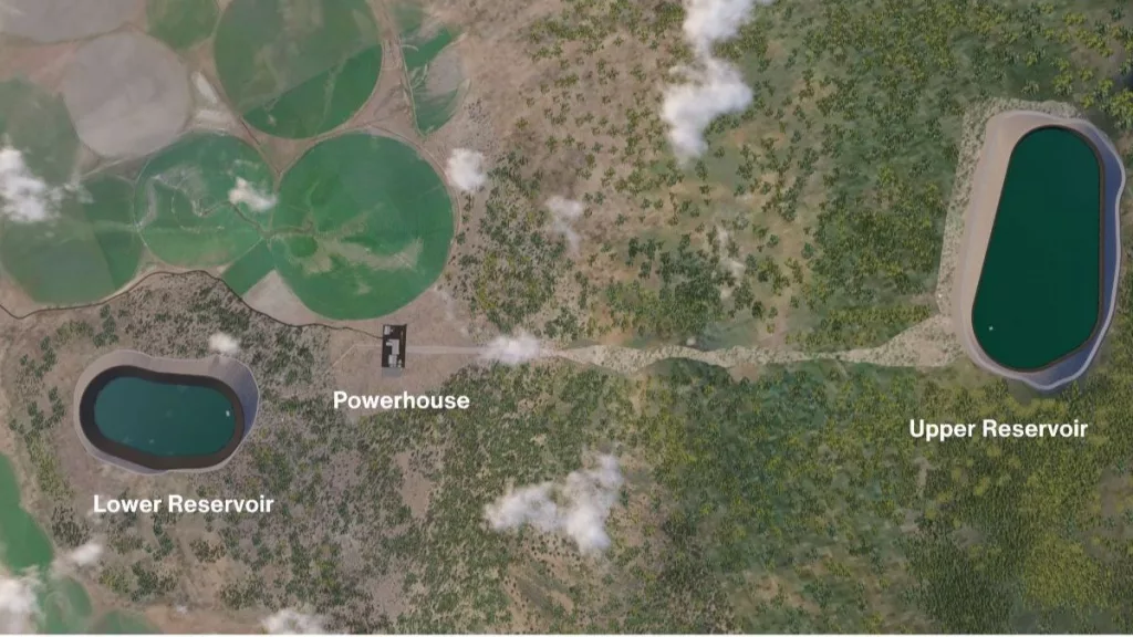 A diagram of the Swan Lake Energy Storage Project, showing two reservoirs with a powerhouse between them