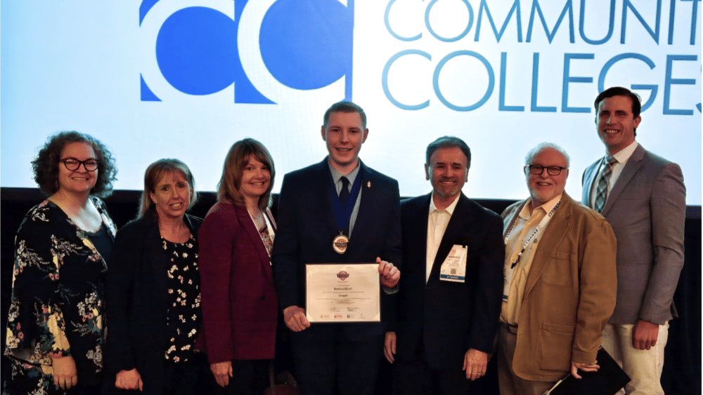Klamath Community College Cabinet and President congratulate Matt Ebner, KCC graduate, in his induction into Phi Theta Kappa Honor Society in Louisville Ky., April 8. From left are: Gail Schull, VP of Student Affairs; Denise Reid, acting VP of Administrative Services; Jamie Jennings, VP of Academic Affairs; Matt Ebner; Roberto Gutierrez, President of KCC; Charles Massie, VP of External Programs; and Joshua Guest, Executive Director of Human Resources and Legal Counsel.