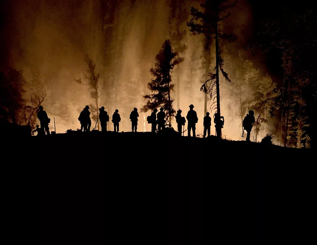 Firefighters working at night on the Upper Applegate Fire