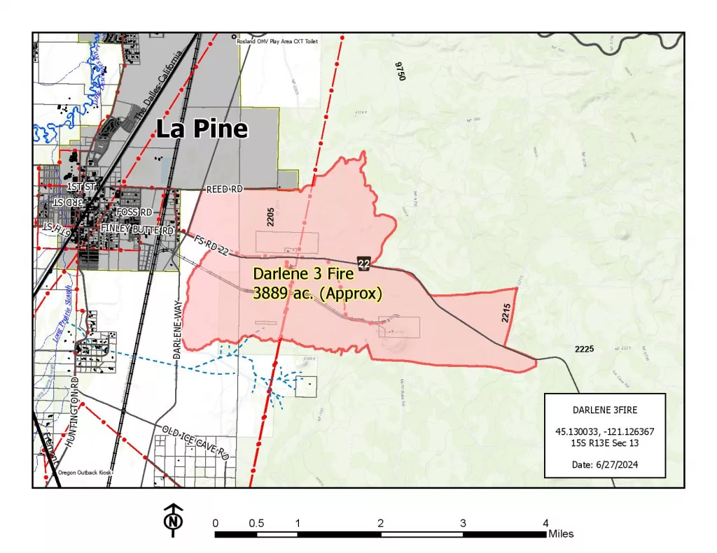 A map of the Darlene 3 Fire