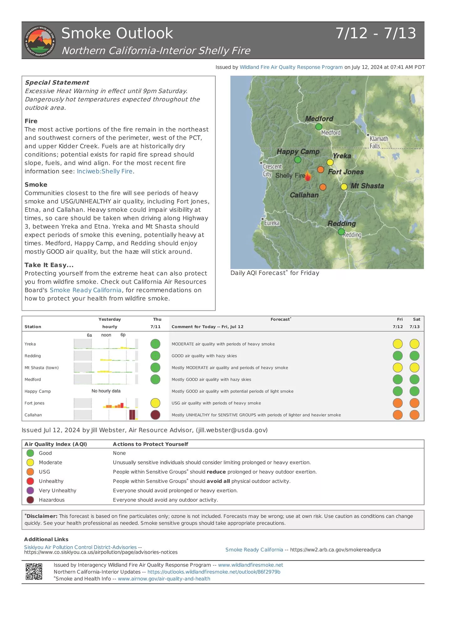 A map of air quality near the Shelly Fire