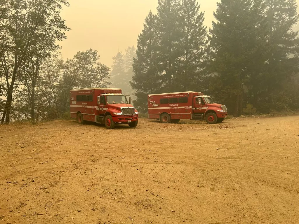 A photo of two firetrucks in a hazy forest