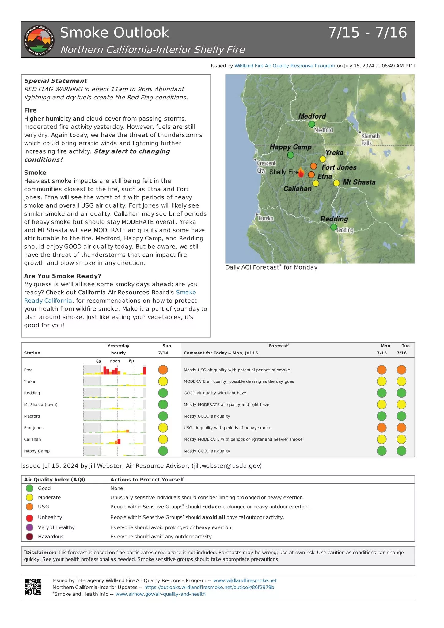 A map and chart detailing air quality effects from the Shelly Fire