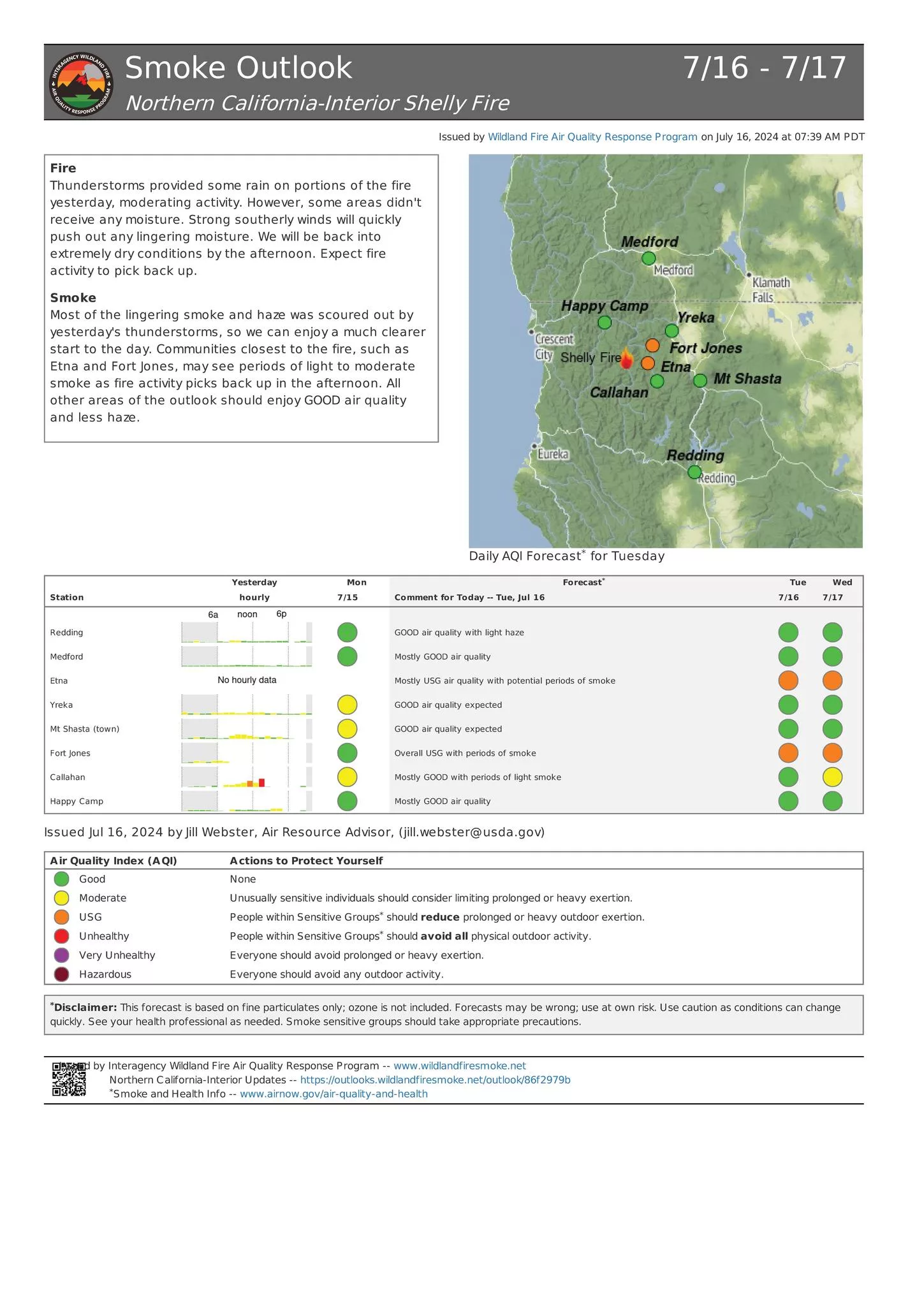 A map and chart of smoke effects from the Shelly Fire