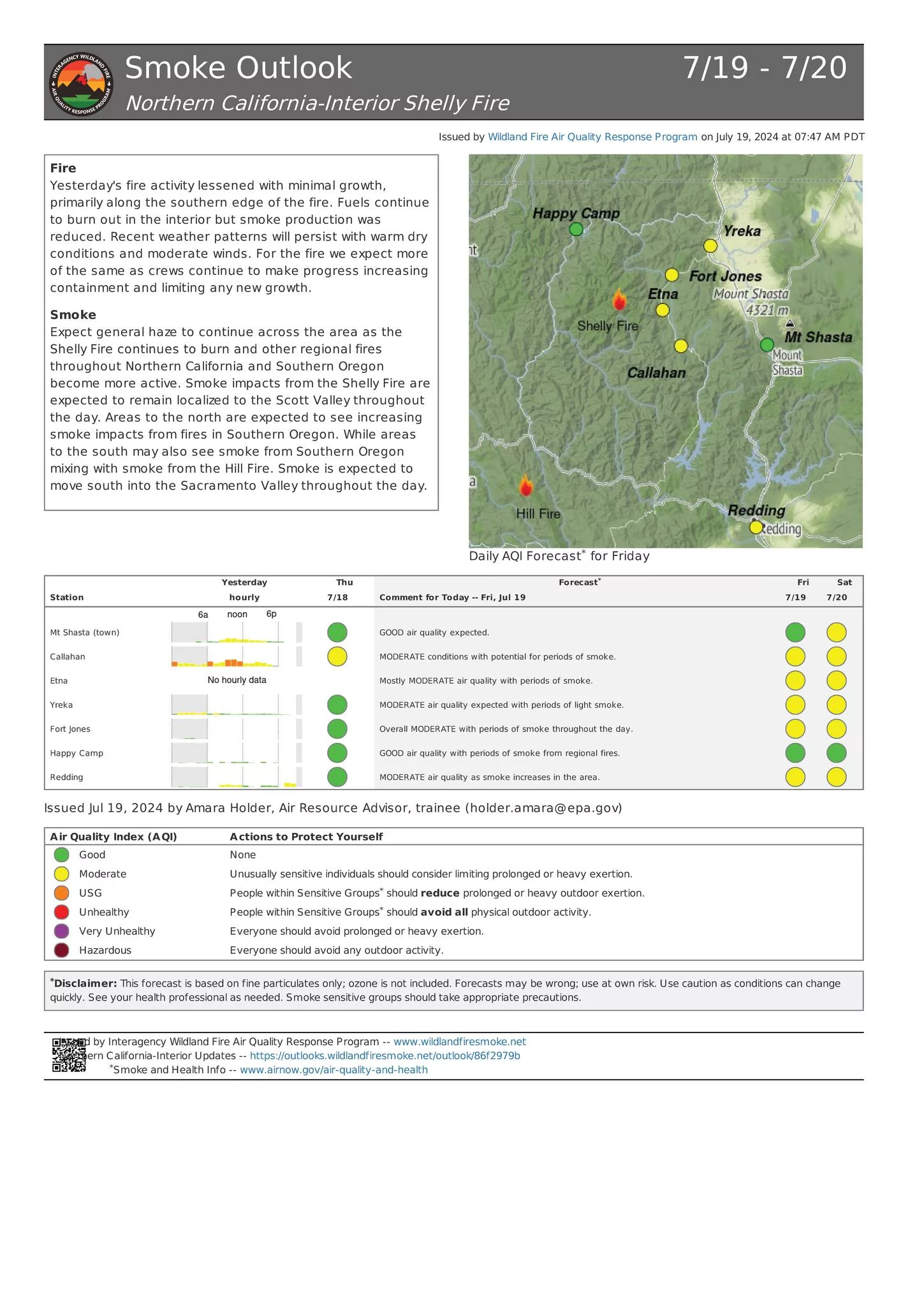 A chart and map of smoke effects from the Shelly Fire