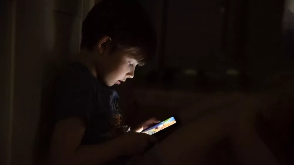 Kid who plays games on the internet at night. Portrait of a teenager boy using mobile phone on dark room