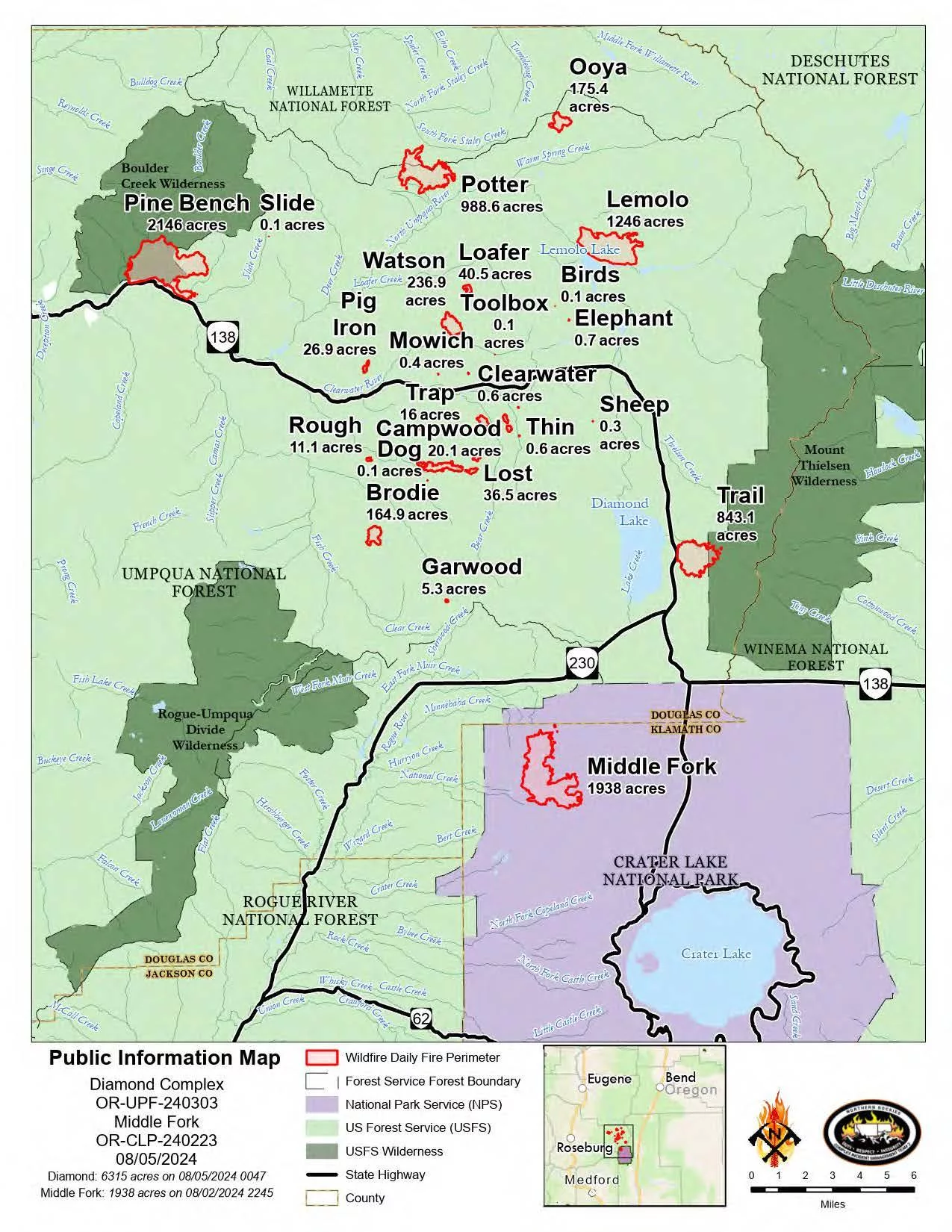 A map of the Diamond Complex and the Middle Fork Fire