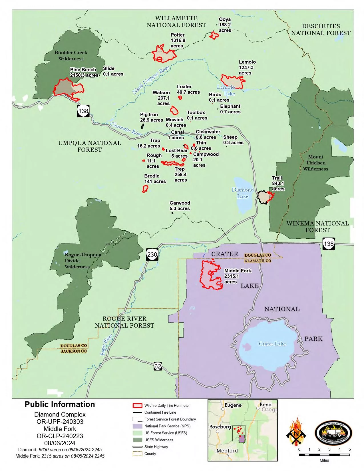 A map of the Diamond Complex and Middle Fork Fire