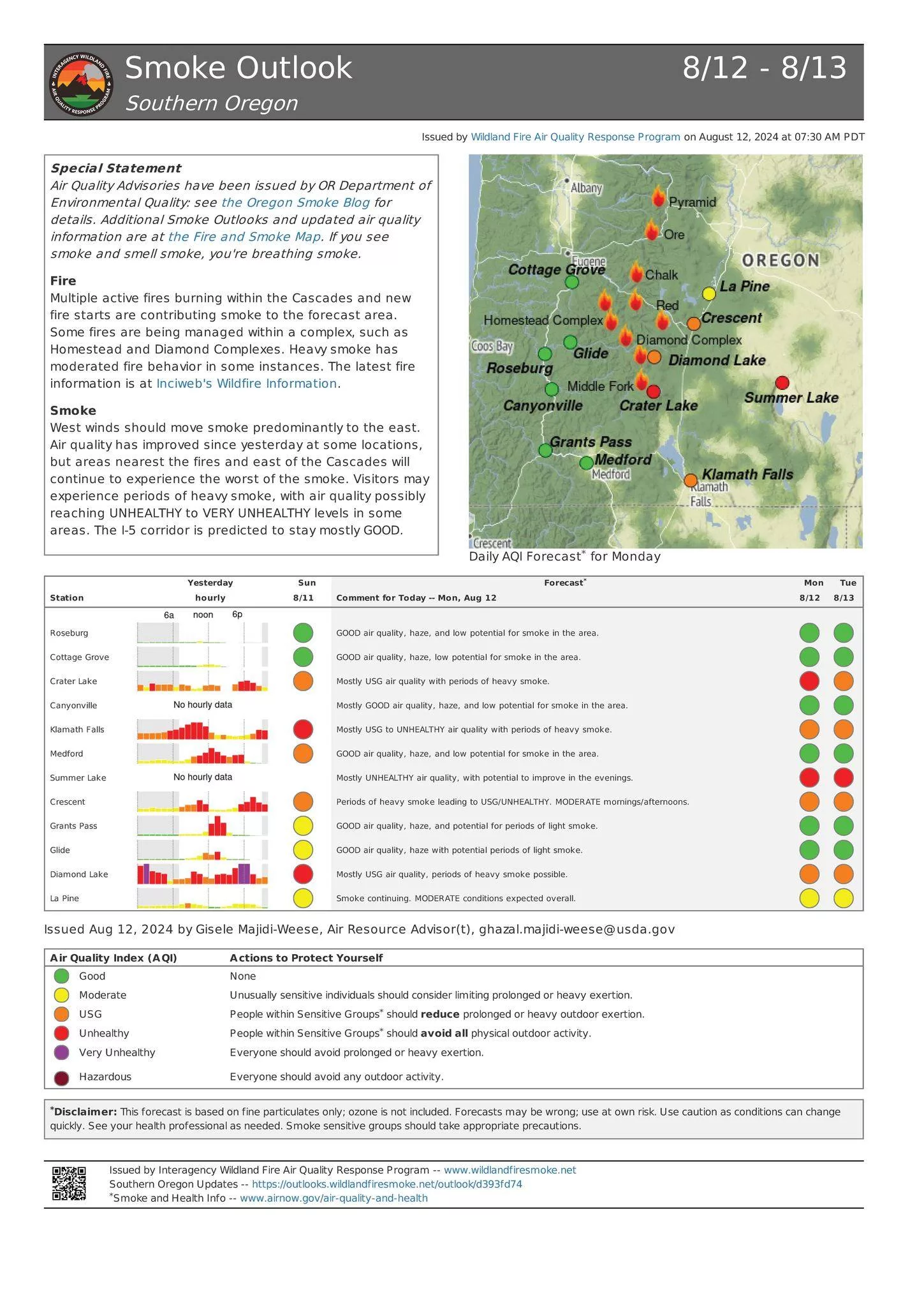 A map of smoke effects from the Diamond Complex and Middle Fork Fire