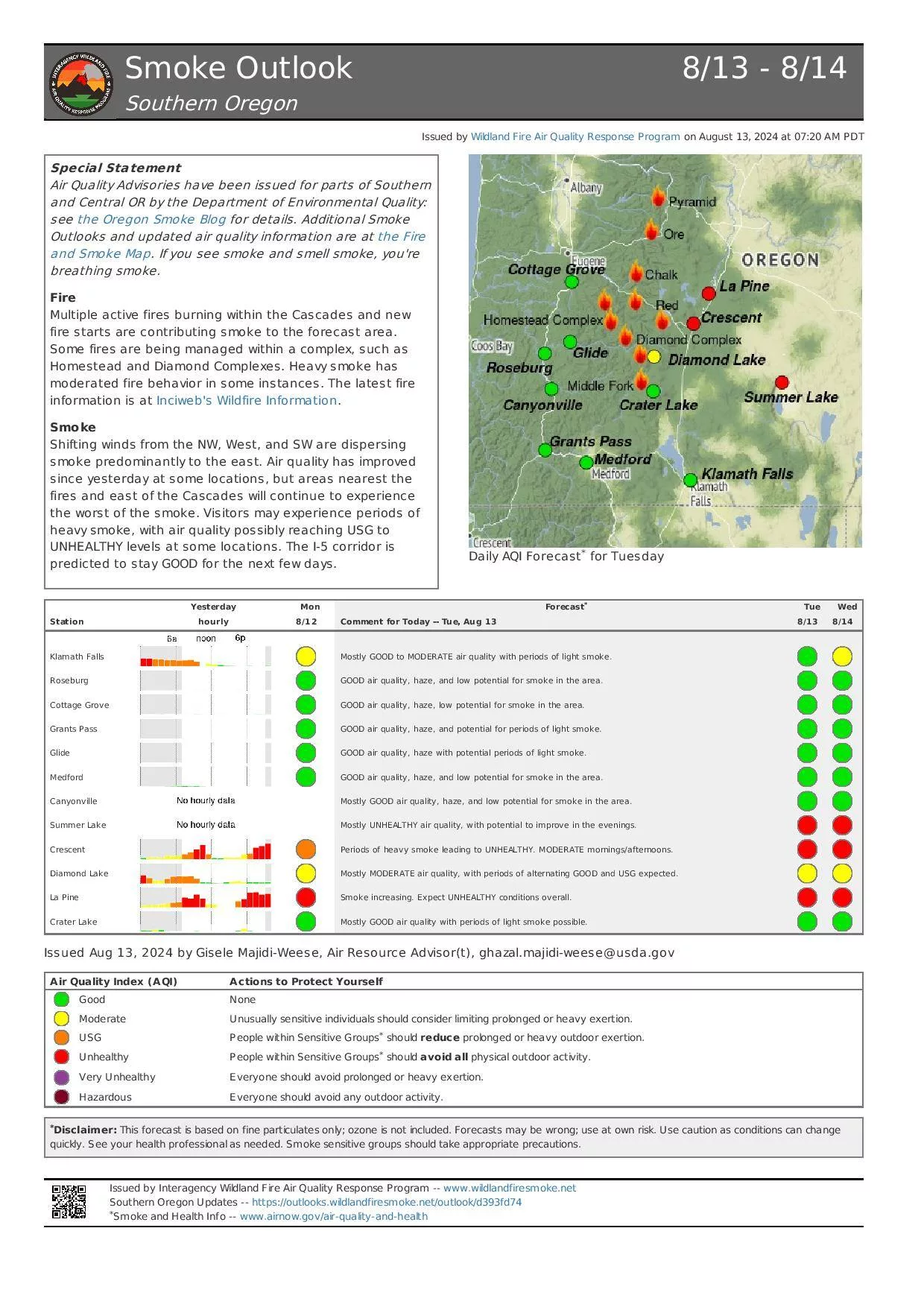 A map of smoke effects from the Diamond Complex and Middle Fork Fire