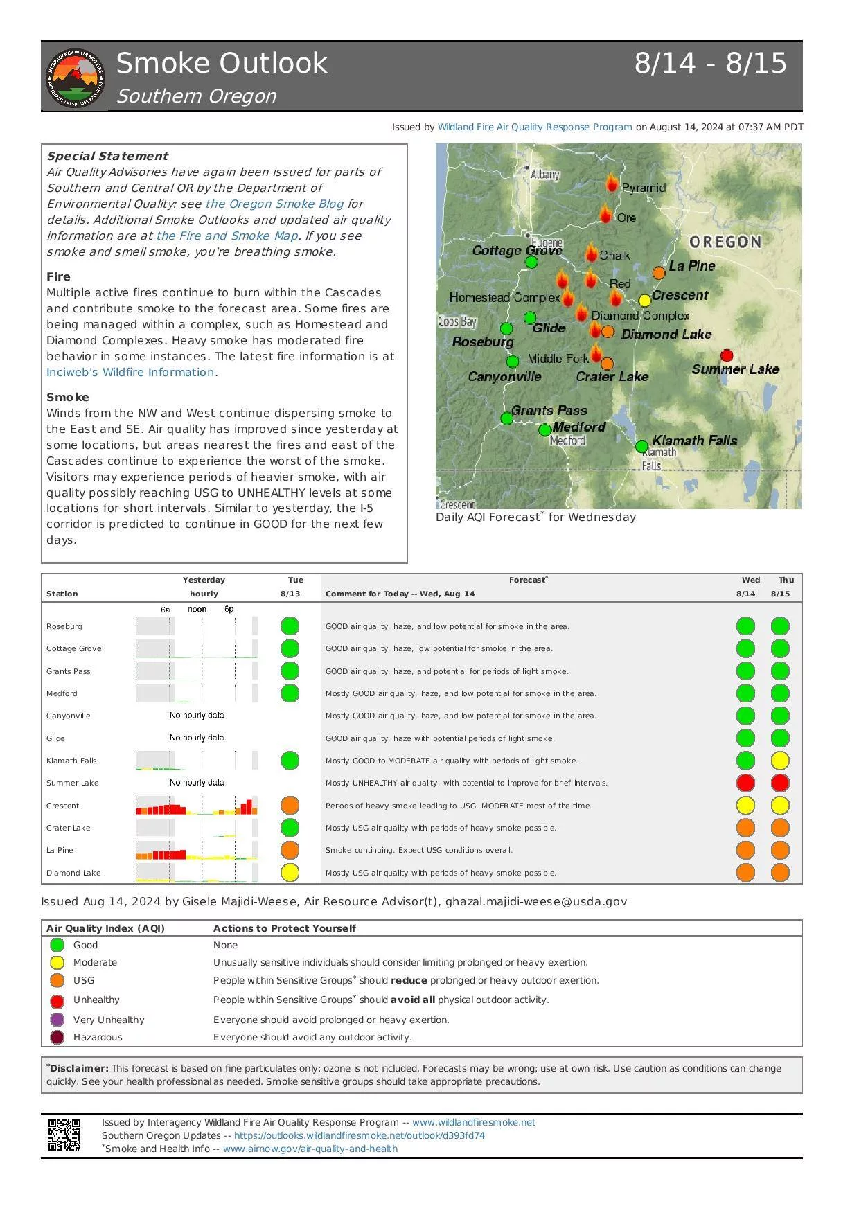 A map of smoke effects from the Diamond Complex and Middle Fork Fire