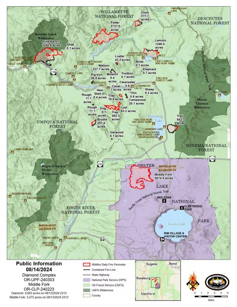 A map of the Diamond Complex and Middle Fork Fire