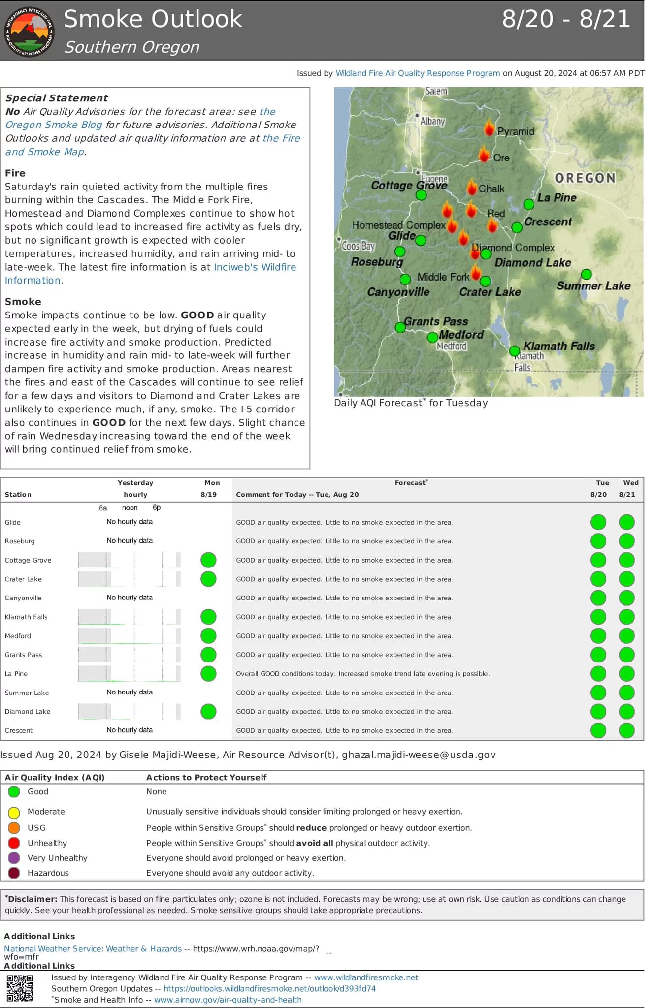 A map of smoke effects from the Diamond Complex and Middle Fork Fire