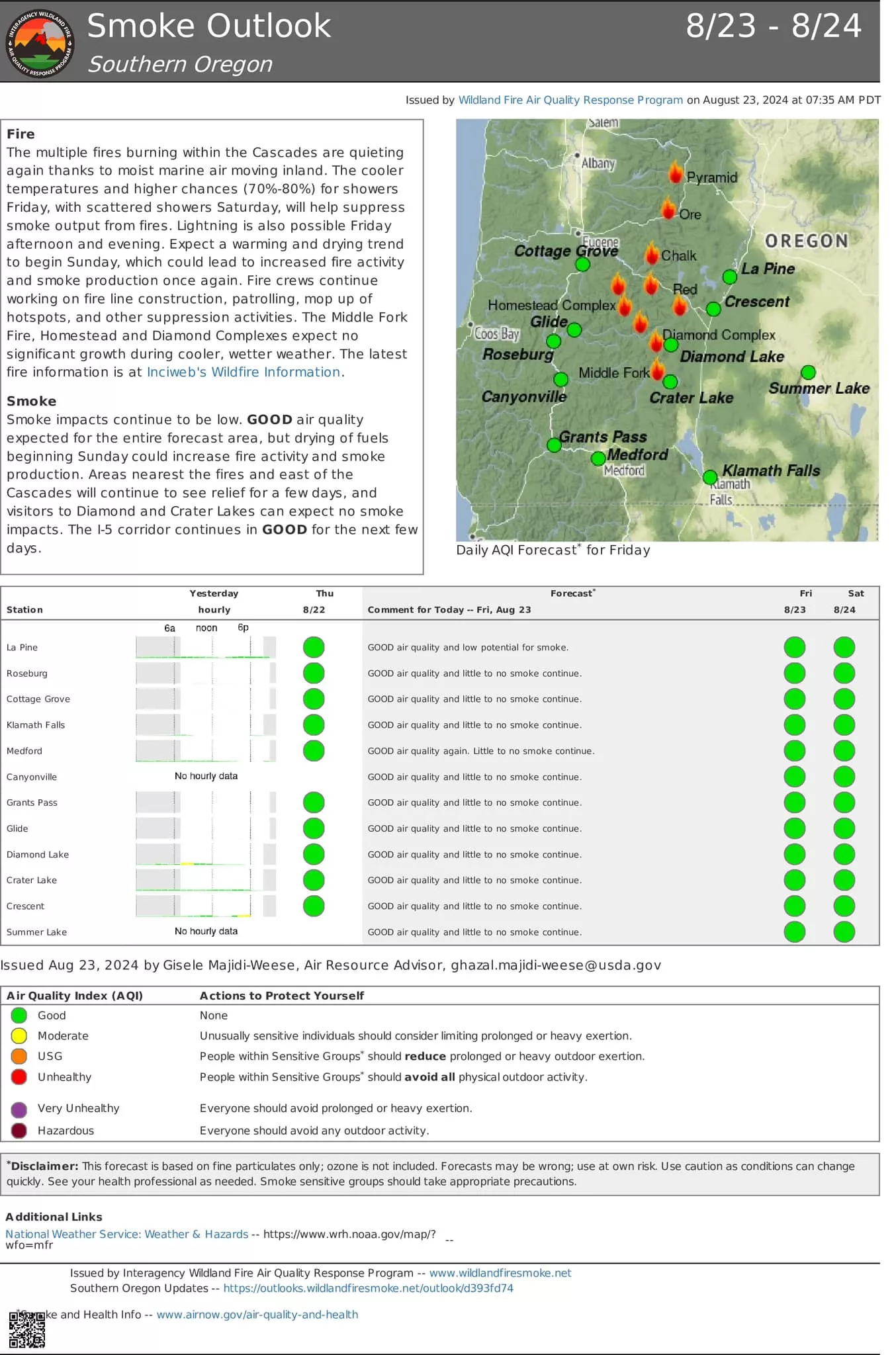 A map of smoke effects from the Diamond Complex and Middle Fork Fire