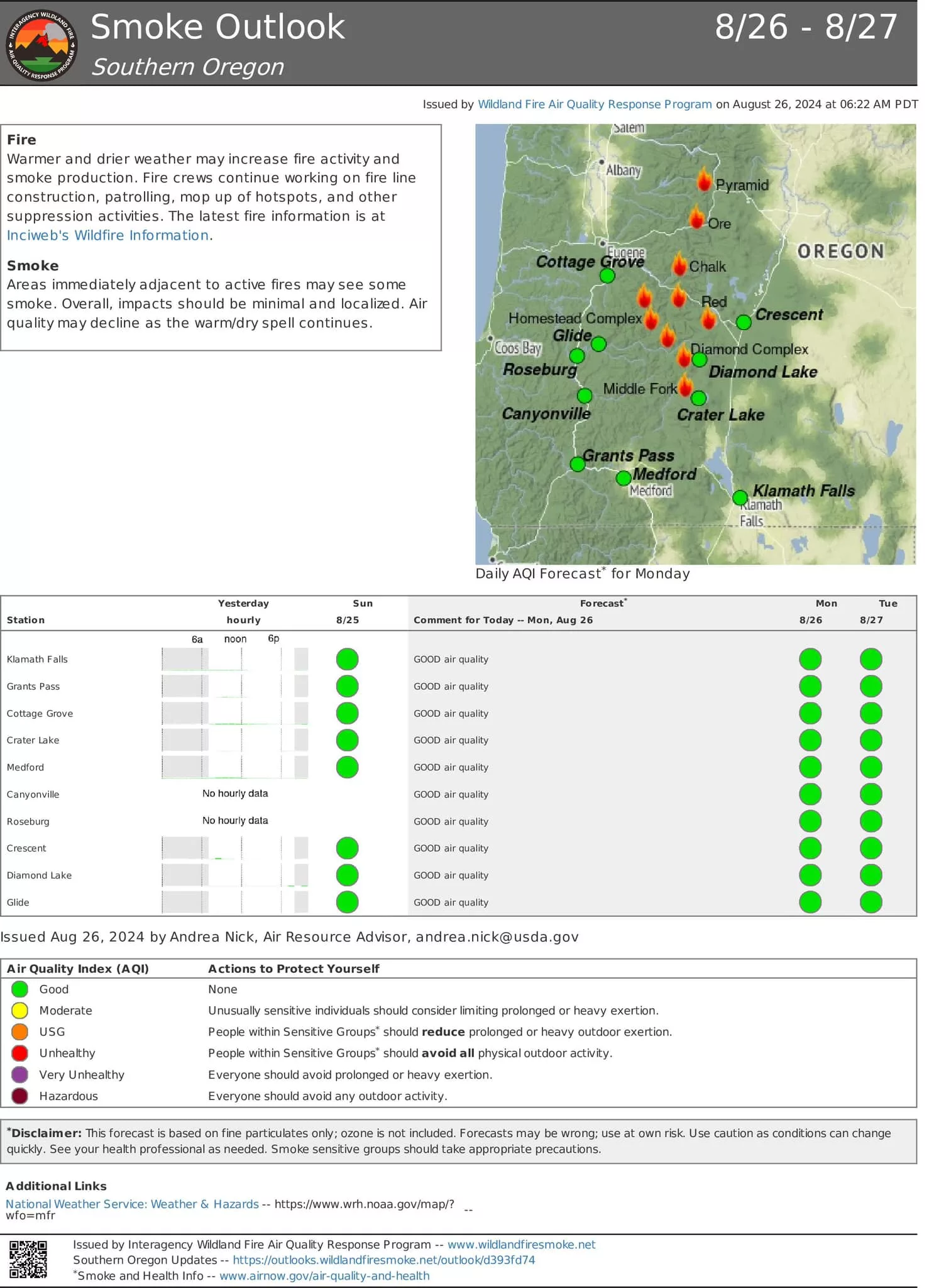 A map of smoke effects from the Diamond Complex and Middle Fork Fire