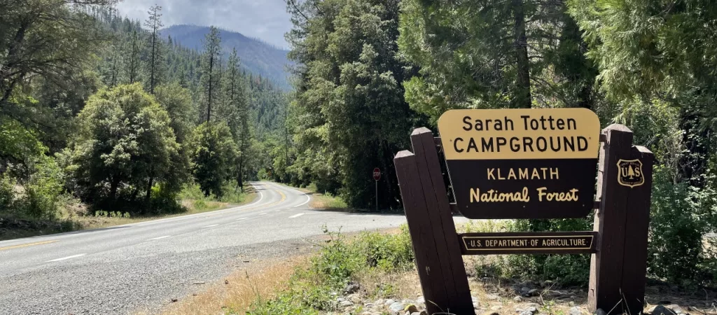 Sign for Sarah Totten Campground along California State Route 96