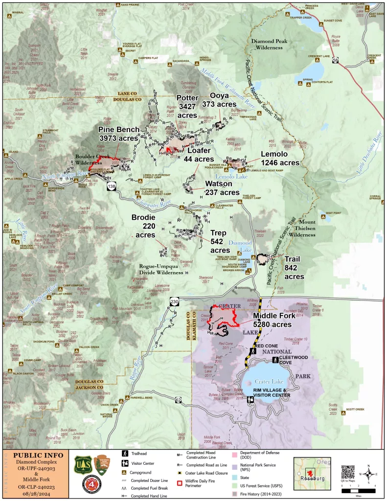 A map of the Diamond Complex and Middle Fork Fire