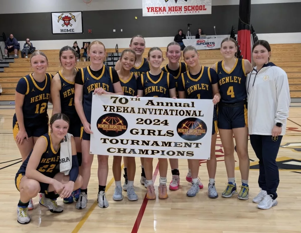 The Henley girls basketball team with the Yreka Invitational championship banner
