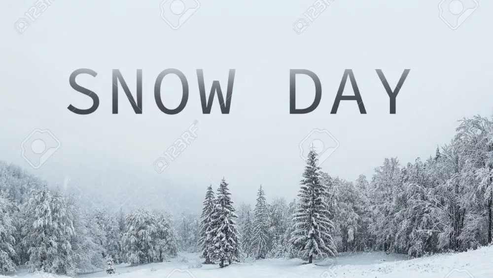 Text SNOW DAY on winter landscape background