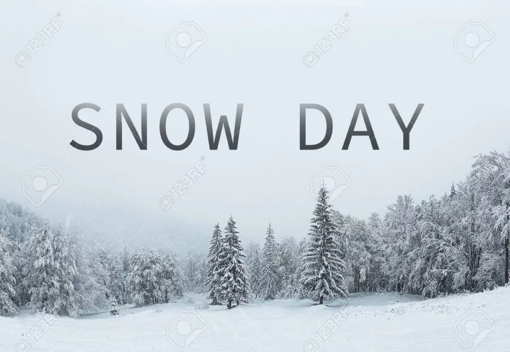 Text SNOW DAY on winter landscape background