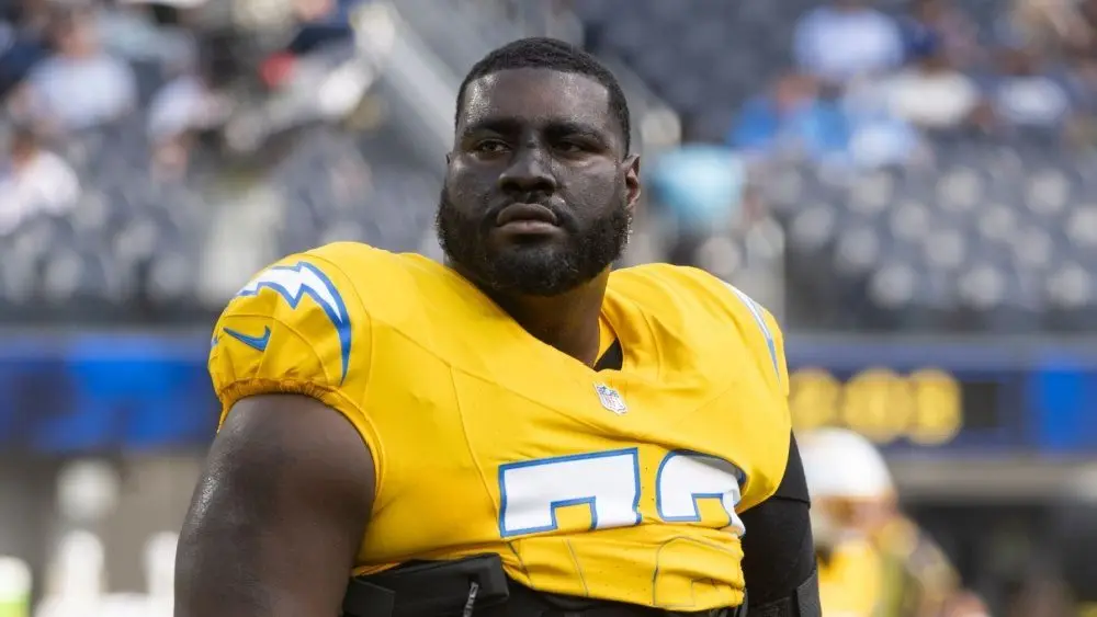 Los Angeles Chargers guard Mekhi Becton Sr. #73 warms up prior to an NFL football game against the Indianapolis Colts at SoFi Stadium^ Oct. 19^ 2025^ in Inglewood^ Calif.