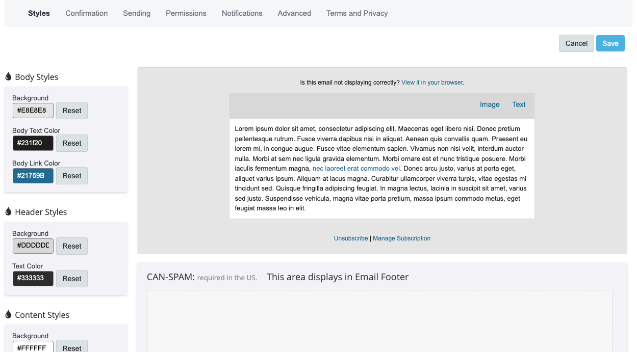 email styles tab