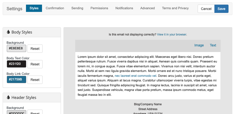 email styles tab