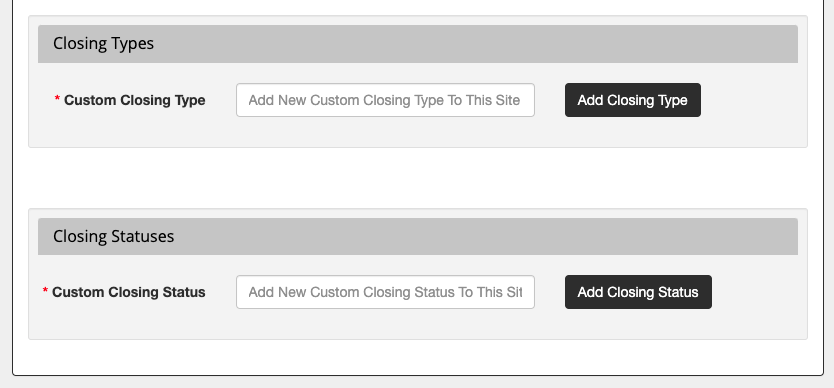 custom closings types statuses