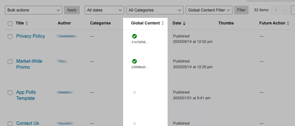 global content in listing