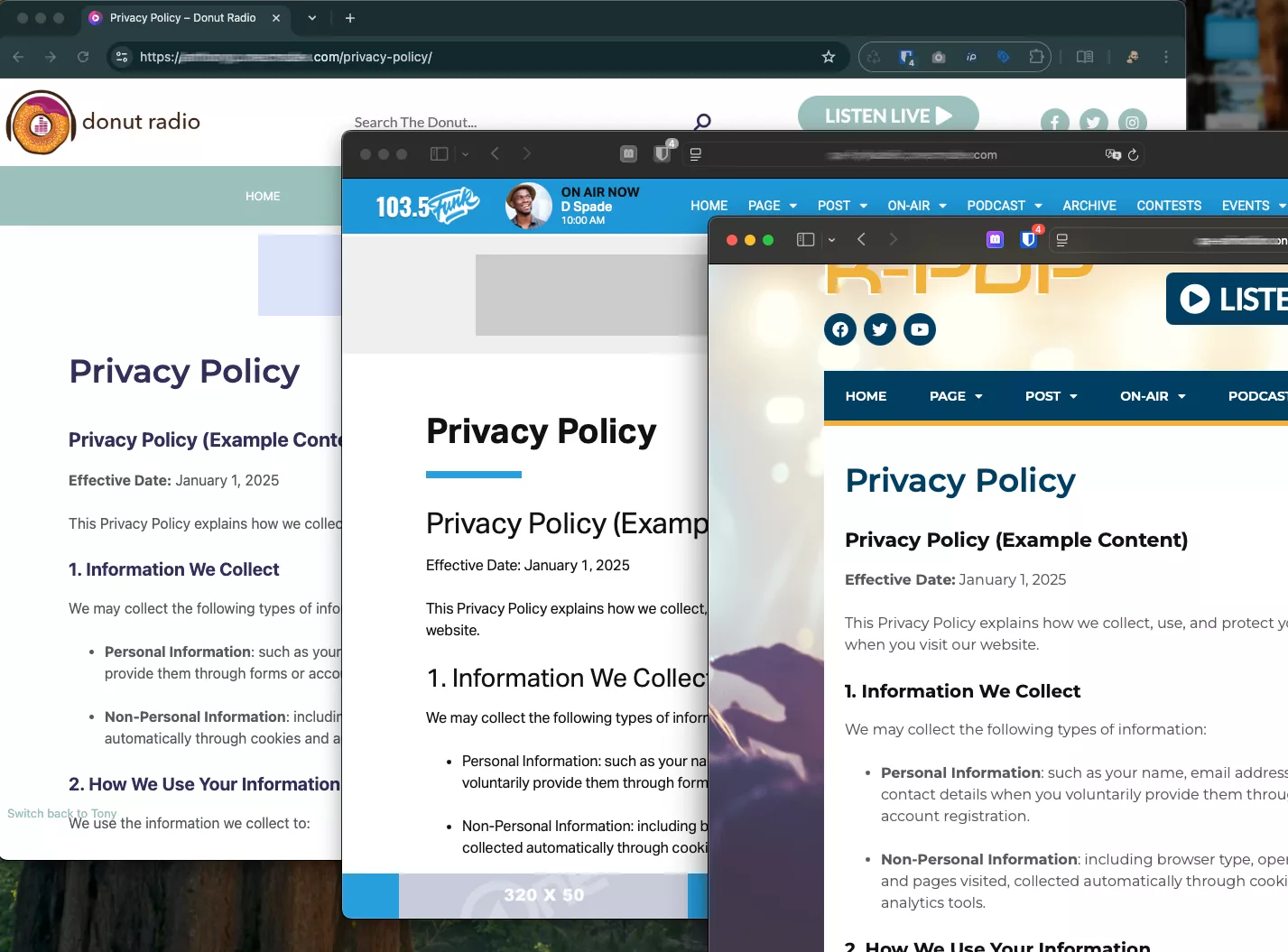 privacy policy on 3 websites