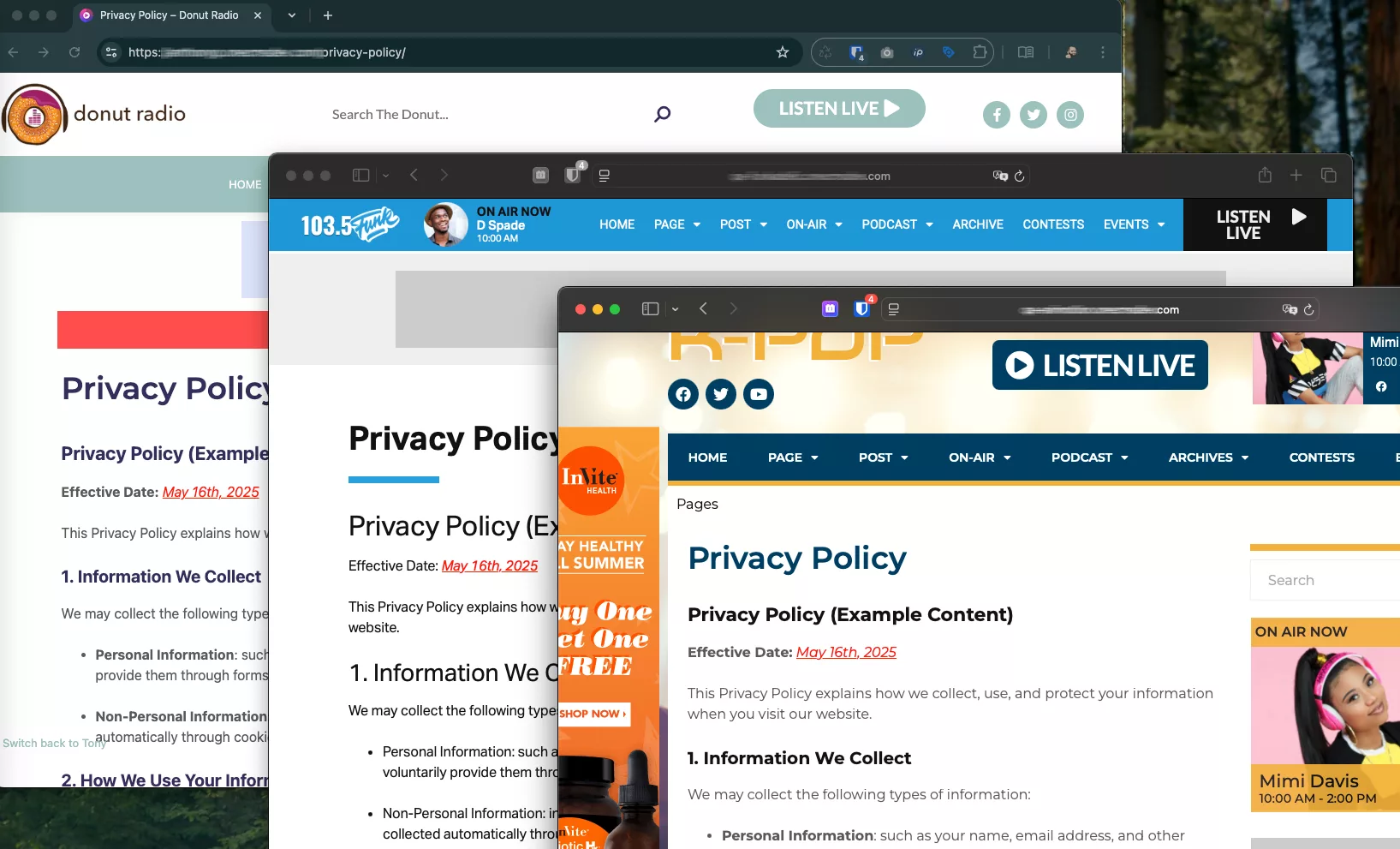 updated privacy policy on 3 websites