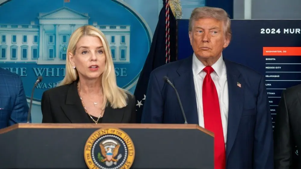 Attorney General Pam Bondi Speaks during President Donald Trump press briefing to announce he is invoking the Home Act Washington DC^ United States^ August 11 2025