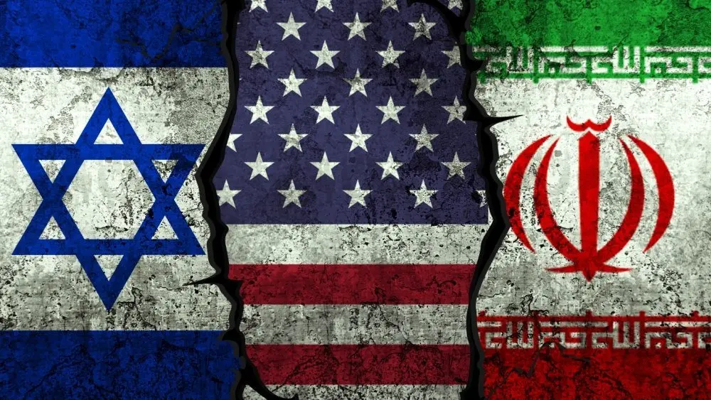 Israel^ United States and Iran flags on the textured wall^ political conflict concept background with clash. War^ trade^ diplomatic. USA negotiation