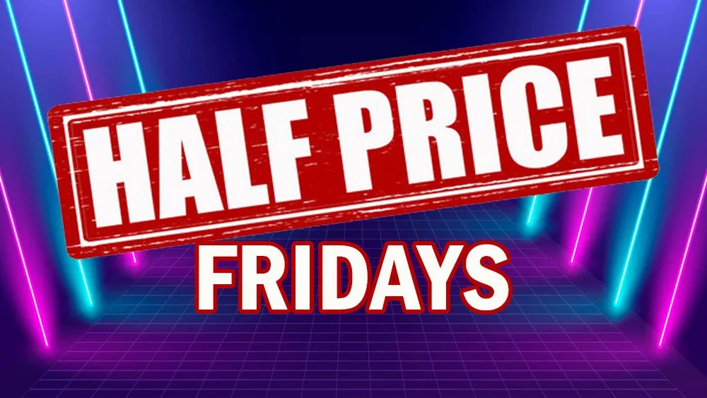 Half Price Fridays graphic on purple psychedelic background