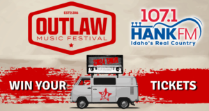 Outlaw Music Festival logo, HANK FM logo, and vw bus driving.