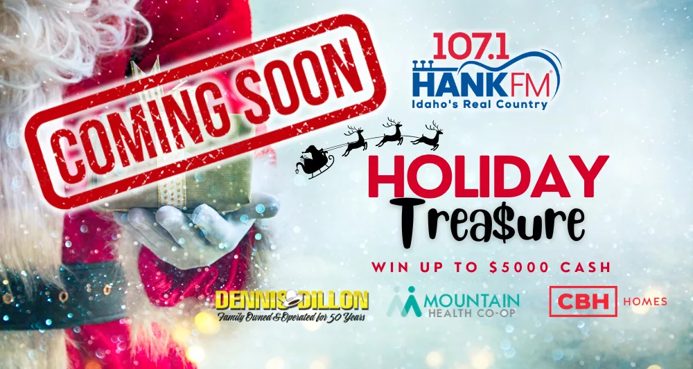 HANK Holiday Trea$ure logo with santa holding a gift and holiday background with snowflakes