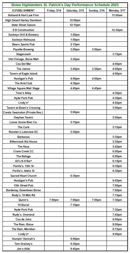 BOISE HIGHLANDERS SCHEDULE