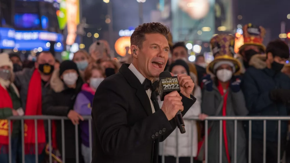 Ryan Seacrest is seen in Times Square during a New Year's Eve broadcast. NEW YORK^ N.Y. – December 31^ 2021