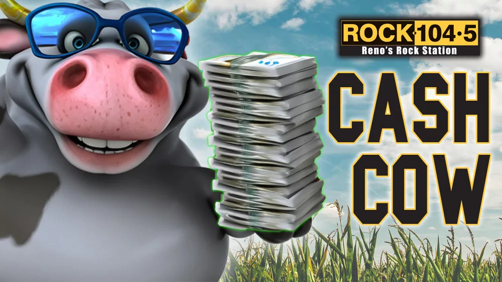 Cartoon Cash Cow holding a stack o' money on a farm field while smiling.