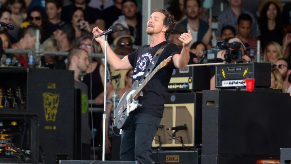 Pearl Jam lead singer Eddie Vedder performs at the 2016 New Orleans Jazz and Heritage Festival. New Orleans^ LA - April 22^ 2016