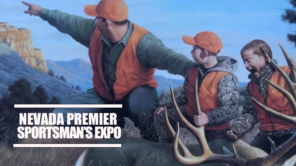 Nevada Premier Sportsmans expo slider, a man hunting with his 2 boys. Posing after a harvesting a buck.