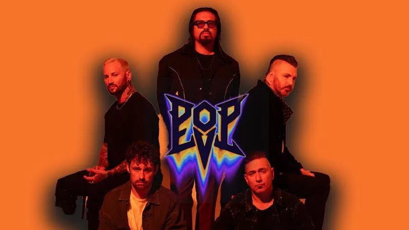 Pop Evil Band Photo with their logo in the middle