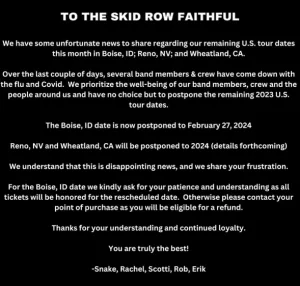 Skid Row Statement on Postponement