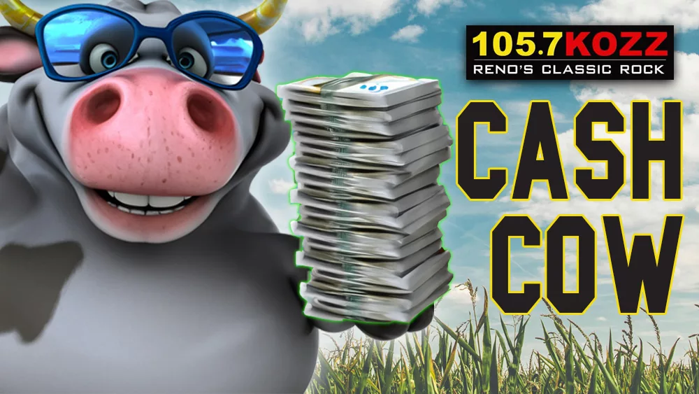 Cartoon Cash Cow smiling and holding a stck o' cash in a farmland field.